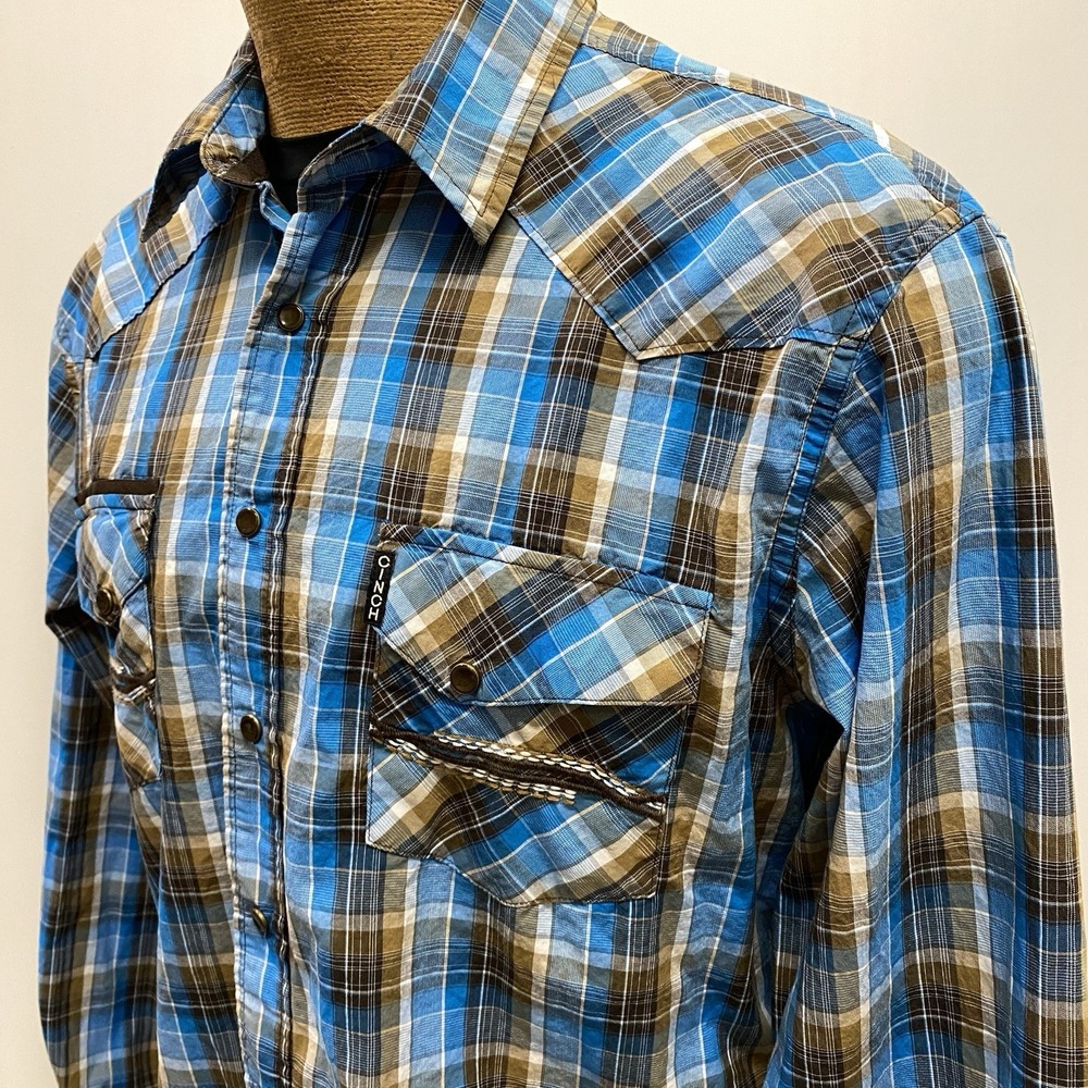 CINCH Modern Fit Men's L Pearl Snap Western Shirt Stitching Blue‎ Plaid Brown